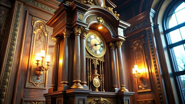 A majestic antique grandfather clock with gleaming metallic hands represents futuristic precision within elegant victorianera design