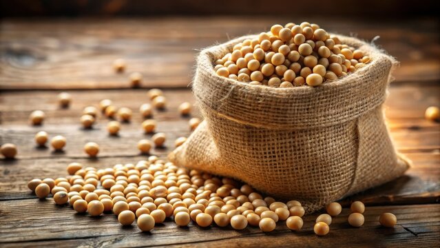 Fresh an raw soy beans in rustic fabric bag on wooden table