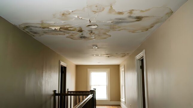 Severe water damage and brown moisture stains on residential ceiling with peeling paint and cracked plaster in hallway requiring home renovation and property insurance restoration work