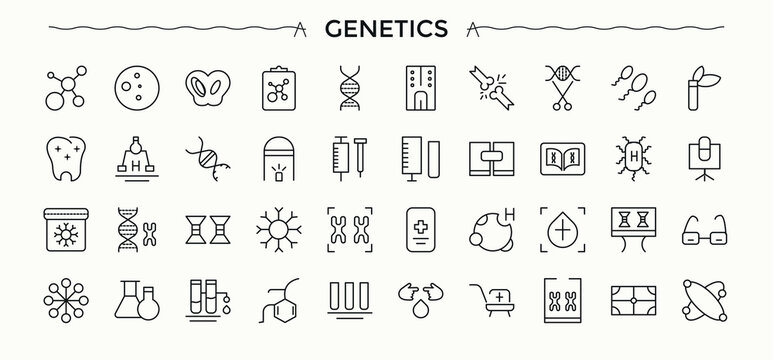 Genetic Engineering icon set. Biology icon set. Contain linear sign laboratory, biology, engineering, analysis, lab and more. Vector artwork and illustration.