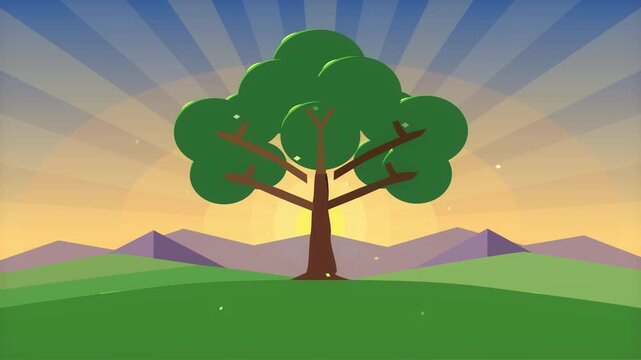 Pixel art tree animation with sunrise, landscape background and loop