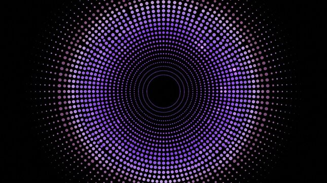 Futuristic purple radial halftone pattern, abstract circular pixel tunnel background, violet dot matrix design for digital technology
