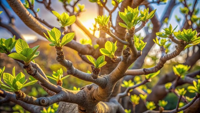 Soft morning light dances across tender new green leaf buds unfolding like tiny emeralds on a ancient fig trees gnarled branches