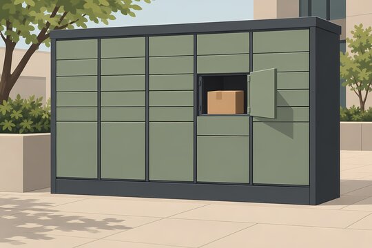 Open parcel locker compartment with plain cardboard package inside