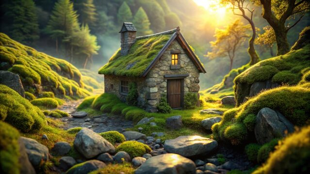 A tiny stone house nestled in a mossy landscape