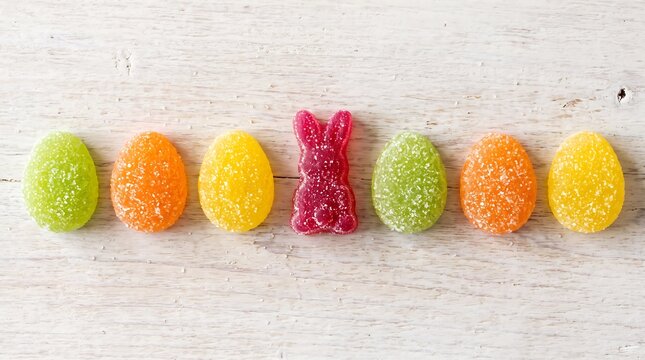 Colorful gummy candies shaped like easter eggs and a bunny on a wooden background with candy