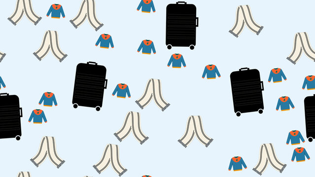 Seamless pattern of suitcases, sweaters, and scarves