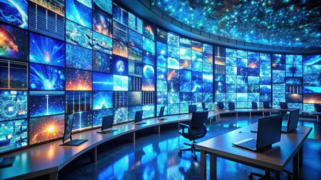 Soft blue led screens envelop a cluttered workbench pulsing with a mesmerizing mosaic of digital streams and feeds