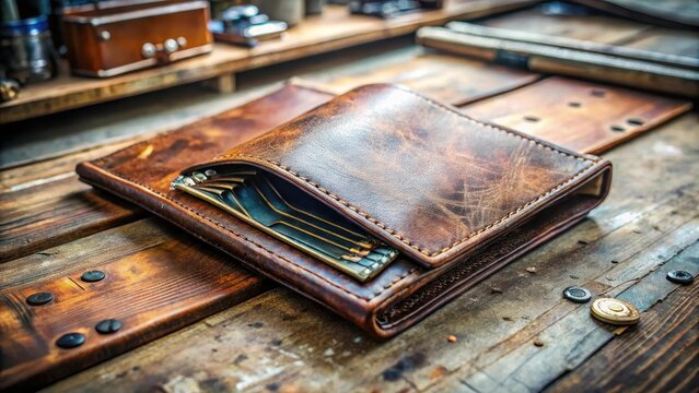 A weathered leather wallet with subtle circuitry etched into its surface lies open on a worn industrial workbench
