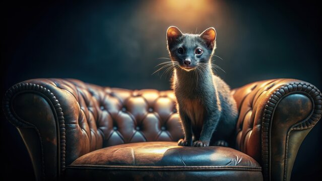 A slender catweasels midnight fur blends seamlessly into the sleek surface of an ancient worn leather armchair