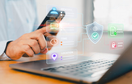 Attribute-based access control cybersecurity concept showing identity, device, time, and location checks on a laptop interface, with secure access granted or denied through a digital security shield.
