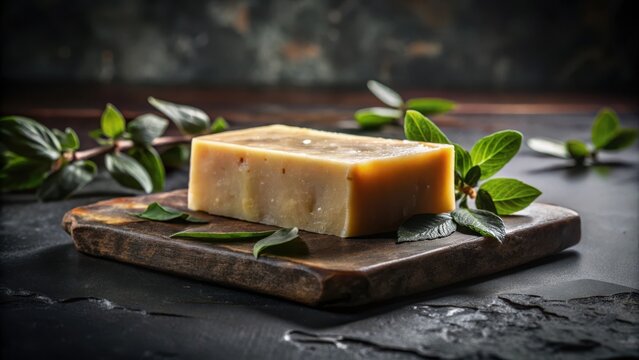 A natural soap bar crafted with earthy tones and organic textures rests serenely on a polished black slate