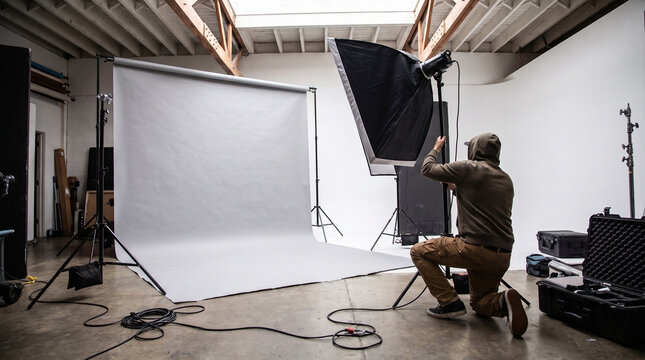 Photographer kneeling to adjust studio light with softbox next to white backdrop and equipment cases, professional photo studio setup concept