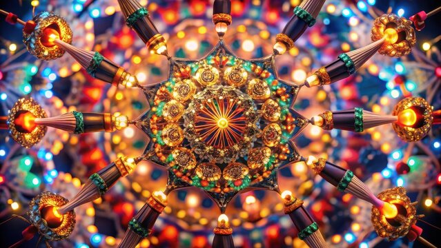 Intricate lanterns weave a kaleidoscope of colors as small figures pass a glowing baton in synchronized ethereal motion