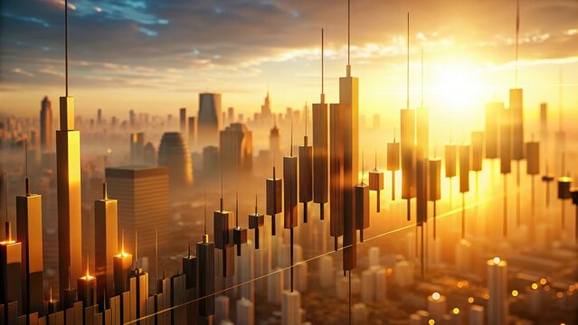 A candlestick stock chart rises like a beacon its rising bars illuminating the urban sprawl in warm golden light