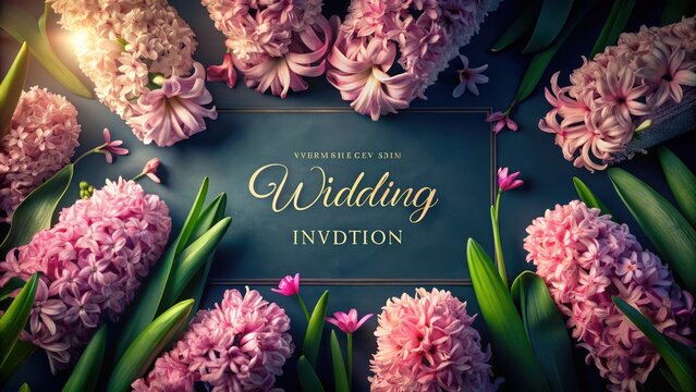Paper invitation for wedding or birthday with pink hyacinth
