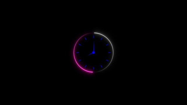Glowing neon Clock animation. circle analog watch icon. Reverse clock animation showing time running. 4k video 