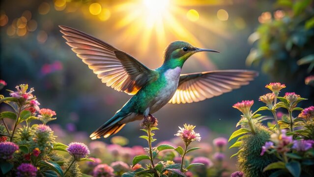 Amidst twilight gardens an iridescent bird unfurls its wings splayed against a verdant bloom as it savors floral nectar