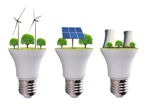 Wind turbines with solar panel and nuclear power plant on the light bulb isolated on a transparent PNG background. Green energy theme.	