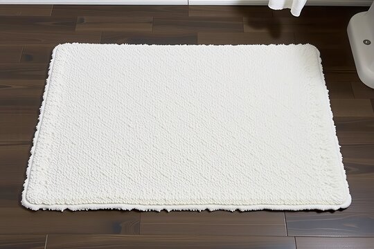 White rectangular bath mat on dark wooden floor with nearby toilet and pipes