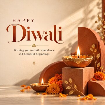 Elegant Happy Diwali Greeting Card with Golden Diya, Terracotta Pedestals and Ivory Background