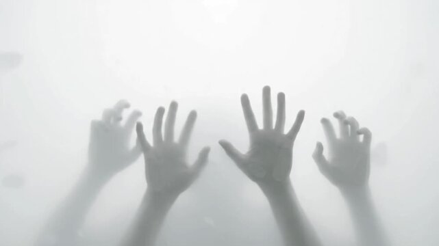 Many ghostly zombie hands pressing against a white frosted glass wall