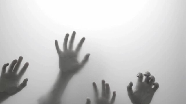 Ghostly zombie hand shadows moving behind translucent white glass