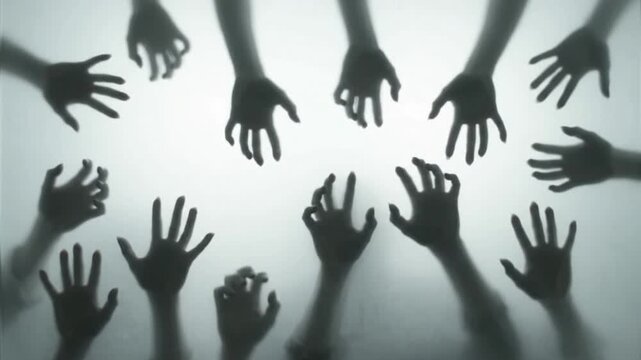 Rising zombie hand silhouettes behind a misty white frosted glass screen