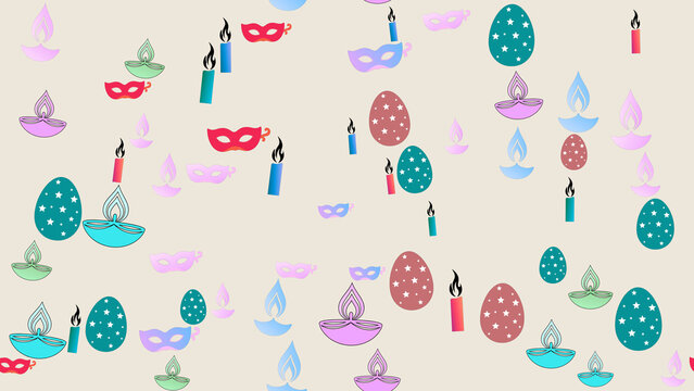 Pattern of diyas, candles, masks, and easter eggs