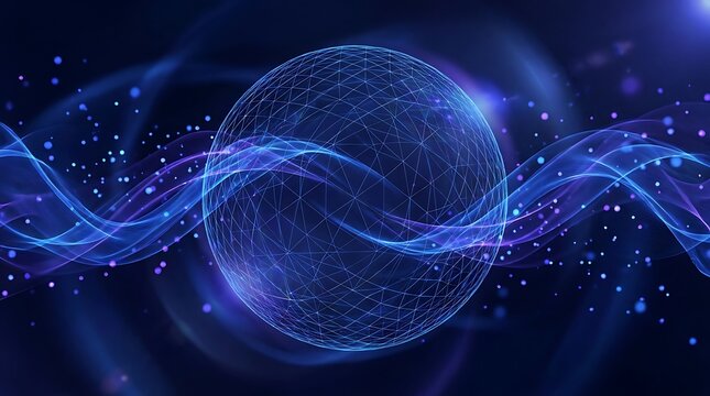 Abstract 3D Wireframe Sphere with Glowing Blue Energy Waves and Particle Effects for Futuristic Technology Background