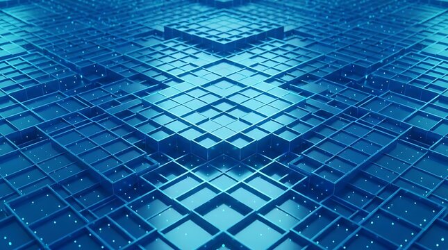Abstract 3D Geometric Grid Background Featuring Interconnected Blue Cubes and Rectangular Blocks in a Symmetrical Isometric Pattern