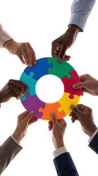 Vertical collaboration concept business team holding colorful puzzle pieces together