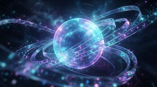 Abstract 3D Sphere with Glowing Orbital Rings and Particles in Deep Space, Futuristic Technology Background