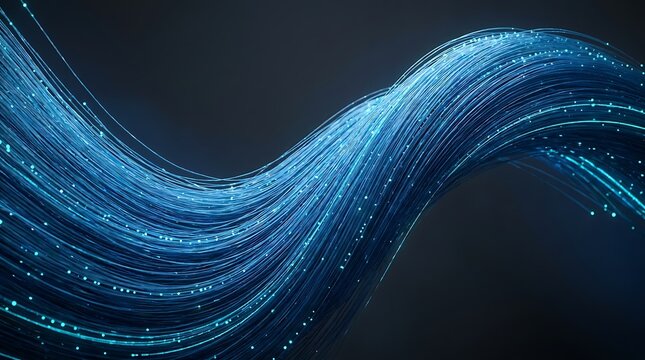 Fiber optic cables streaming glowing blue light waves in a dynamic abstract motion flow background