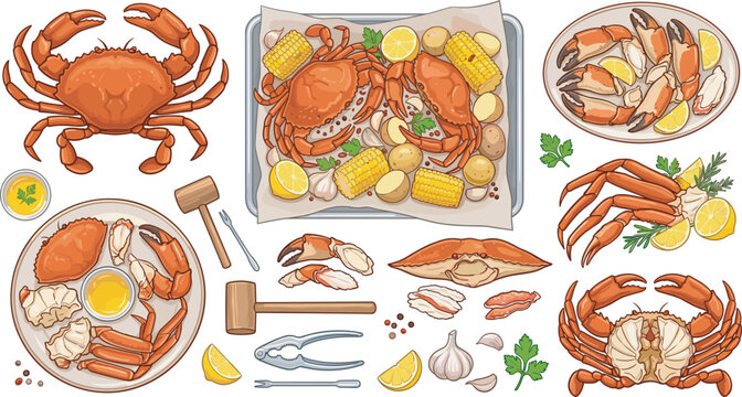 Delicious seafood crab boil set flat lay vector illustration featuring whole crabs legs claws corn potatoes butter sauce and mallets