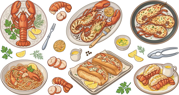 Gourmet lobster seafood dishes and delicious culinary recipes flat lay vector illustration featuring rolls pasta grilled tails and dipping sauces