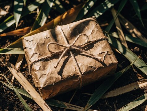 Brown kraft paper gift box wrapped with twine bow sits on garden ground among green leaves. Eco friendly package with rustic texture for organic birthday present holiday gift. Natural sustainable