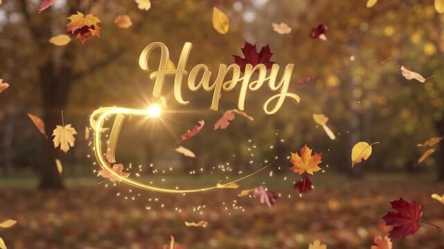 Happy Thanksgiving Text Animation with falling autumn leaves background