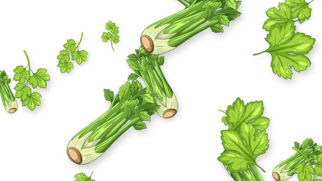 Animation of Fresh Celery Stalks and Parsley Leaves Falling on White Background
