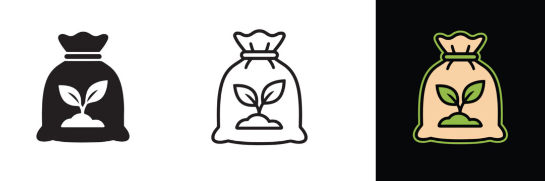 Plant seedling in pot and bag of fertilizer black and white silhouette.Fertilizer Bag Soil Seedling Icon
