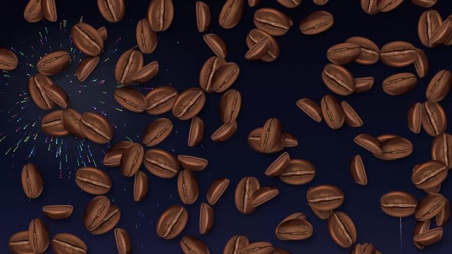 Roasted Coffee Beans Falling Over Colorful Fireworks Background