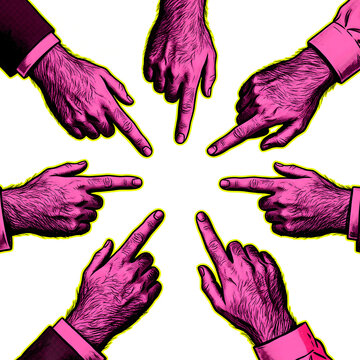 Business teamwork multiple hands pointing fingers at center creative