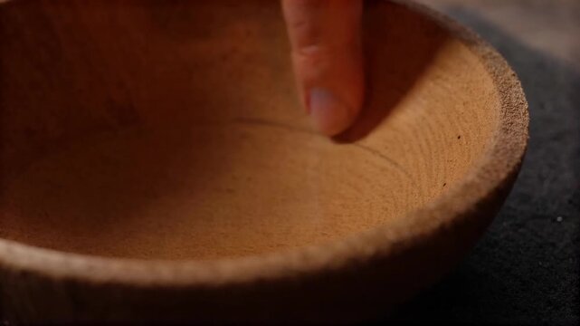 Fingertips tracing the raised grain of a wooden bowl
