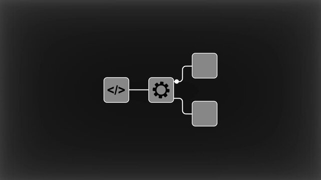Showing code connected to a processing gear and branching into approved code and bug detection for software testing and debugging.