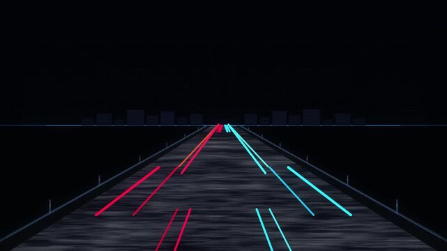 Retro pixel art highway loop driving forward into dark city skyline with glowing neon car taillights and speed lines in digital animation