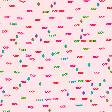 Seamless pattern of colorful carnival masks and eggs