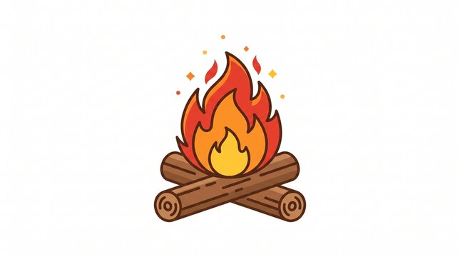 Minimal flat vector campfire icon featuring stylized orange and yellow flames above neatly arranged brown wooden logs on a white background.