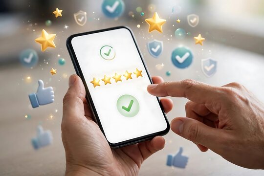 Person holding smartphone displaying customer review stars and check marks for quality service.