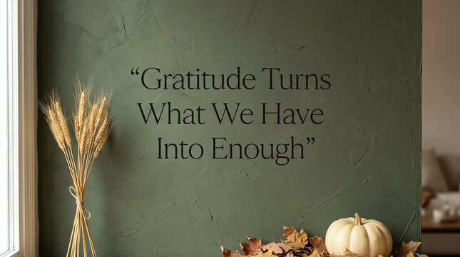 Gratitude turns what we have into enough quote on a dark green wall with autumn decor