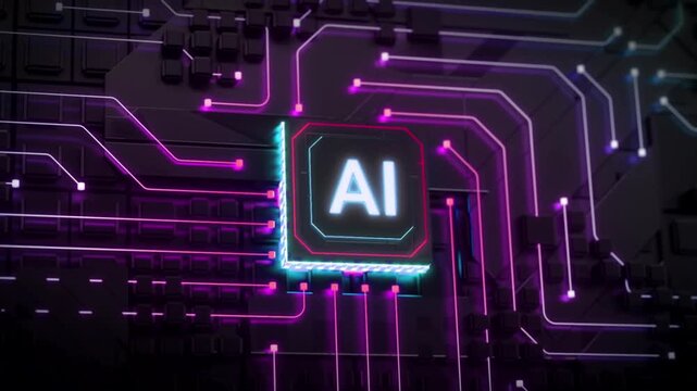 Futuristic glowing computer processor chip motion graphics footage loop with neon light
